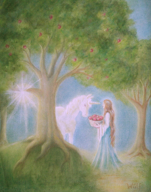 Apples of Avalon - priestess feeding apples to unicorn