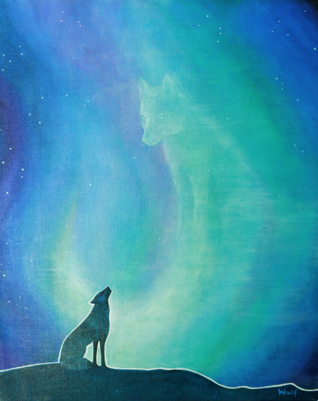 wolf art giclee prints on demand - howling wolf silhouette under northern lights