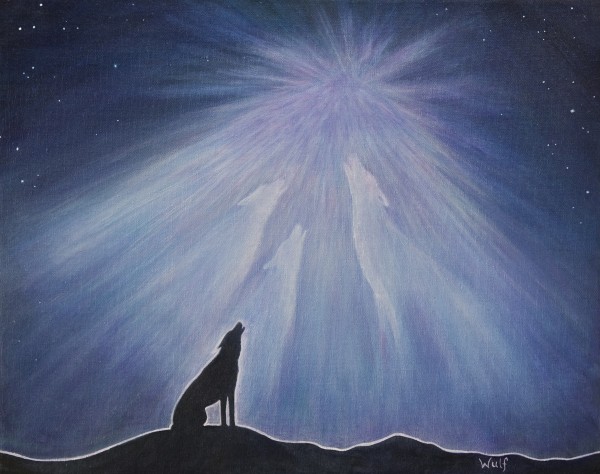 lone wolf howling silhouette under northern lights