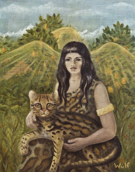 central american woman holding ocelot with aztec angel watching over