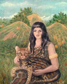 central american woman holding ocelot with aztec angel watching over