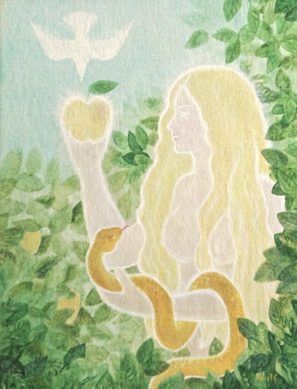eve in paradise - mythical first mother with apple and serpent