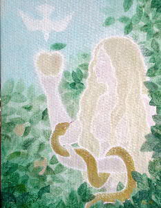 eve in paradise - mythical first mother with apple and serpent