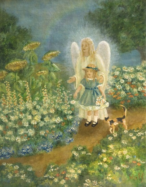 angel and child in a garden with cat