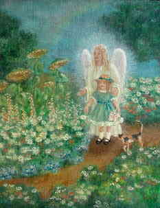 angel and child in a garden with cat