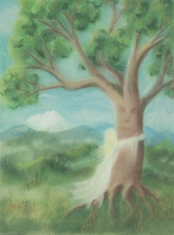 tree hugger faery deva with view of Mt. Shasta