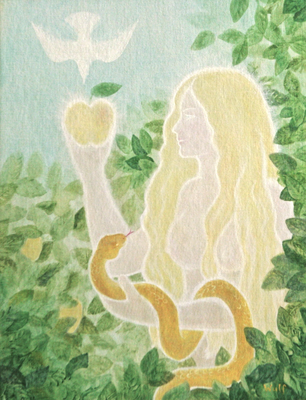 eve in paradise - mythical first mother with apple and serpent