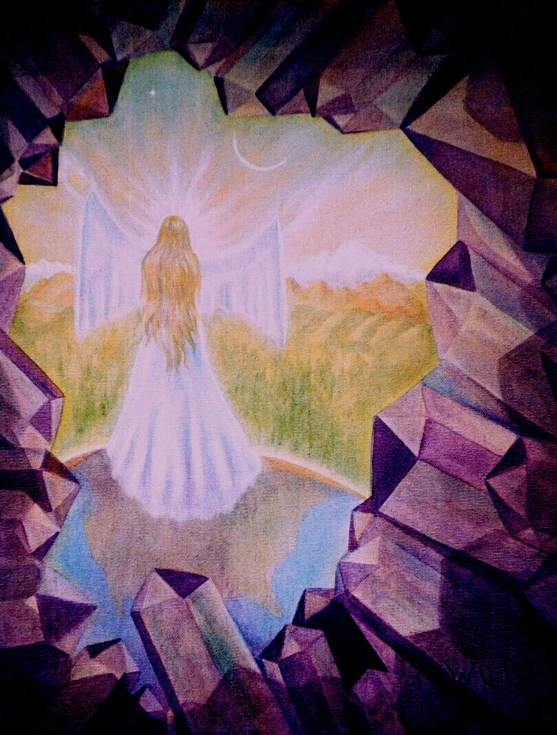 woman emerging from amathyst crystal cave