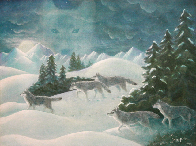 wolf pack in snow wolf spirit in clouds
